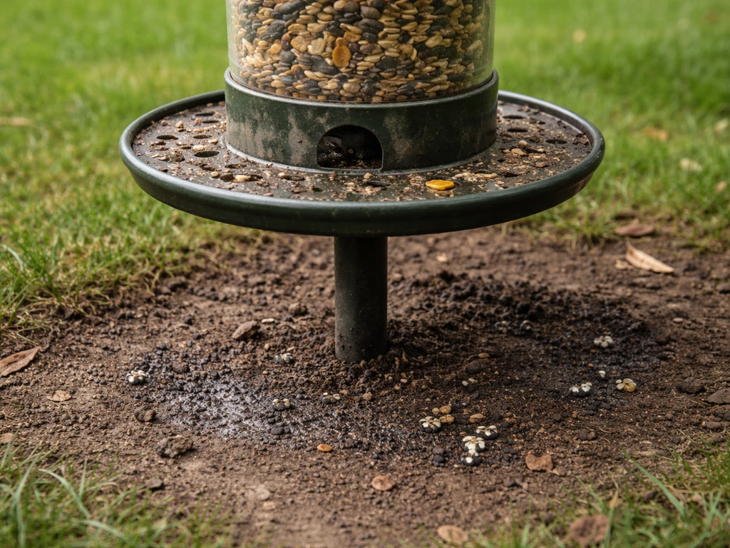 Close-up of a bird feeder with visible droppings and damp ground suggesting fecal-oral spread risk.