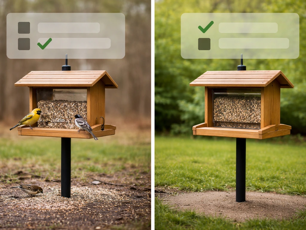 Split image: left shows an active bird feeder in a risky period; right shows a paused, empty feeder in low risk.