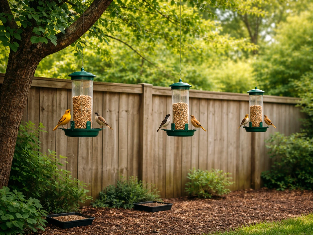 Several small bird feeders spaced across a backyard with only a few birds feeding nearby.