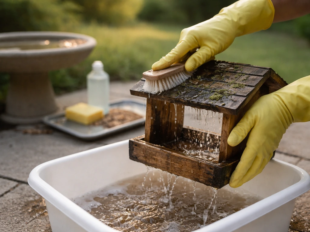 Gloved hands scrubbing a bird feeder outdoors while cleaning supplies and clumped seed sit nearby.