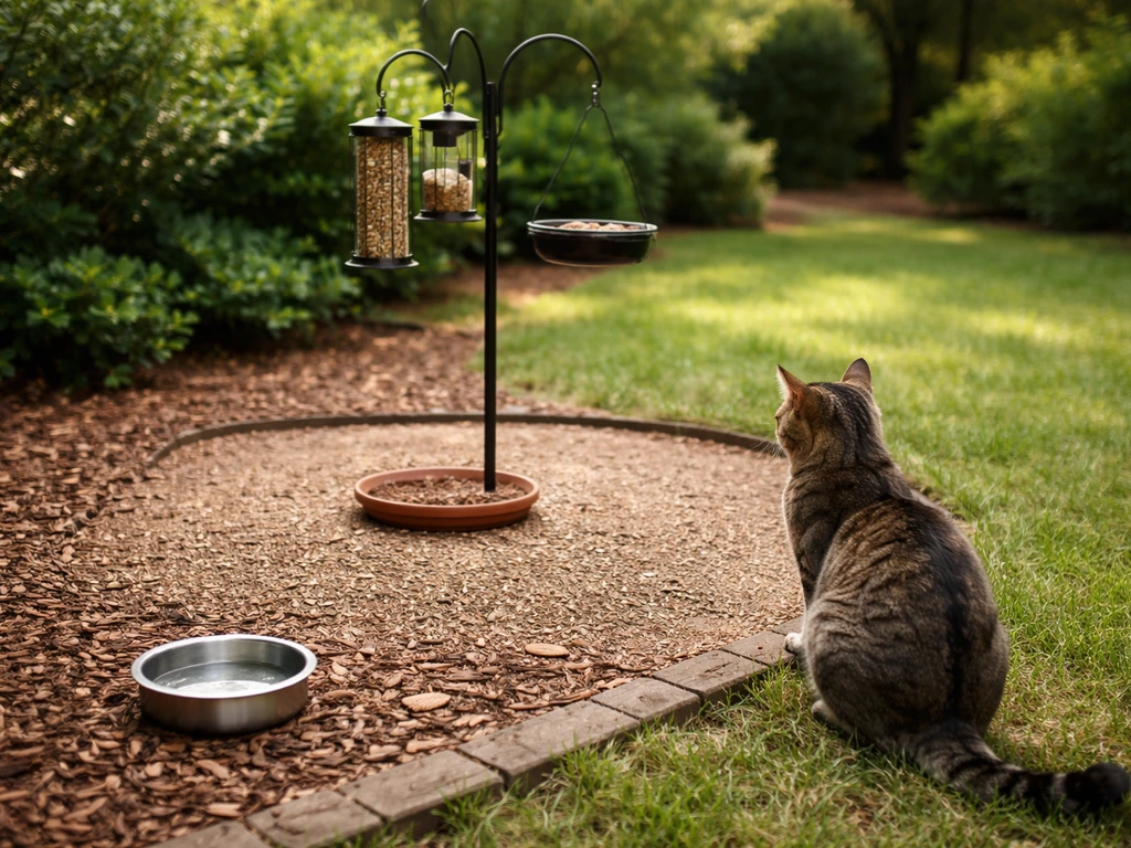 Outdoor cat near a bird feeder area with a clean ground setup to suggest avoiding dirty droppings and water