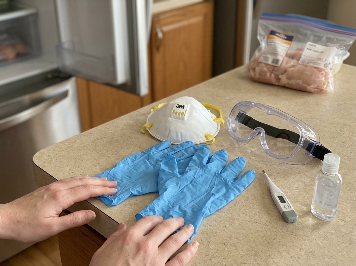 Gloved hands near a poultry enclosure, illustrating exposure contact risk.