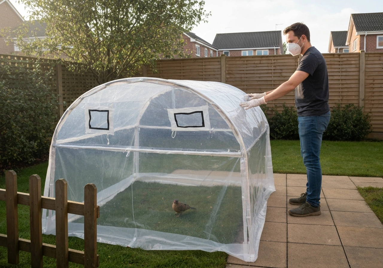 Gloved backyard caretaker calmly isolating a sick bird in a simple clear enclosure for safety