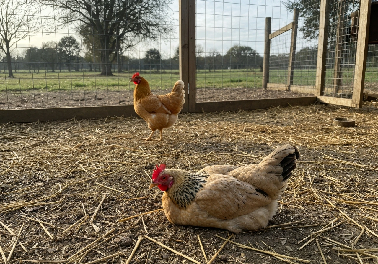 Backyard chickens: one healthy bird standing alert while another looks lethargic with ruffled feathers.