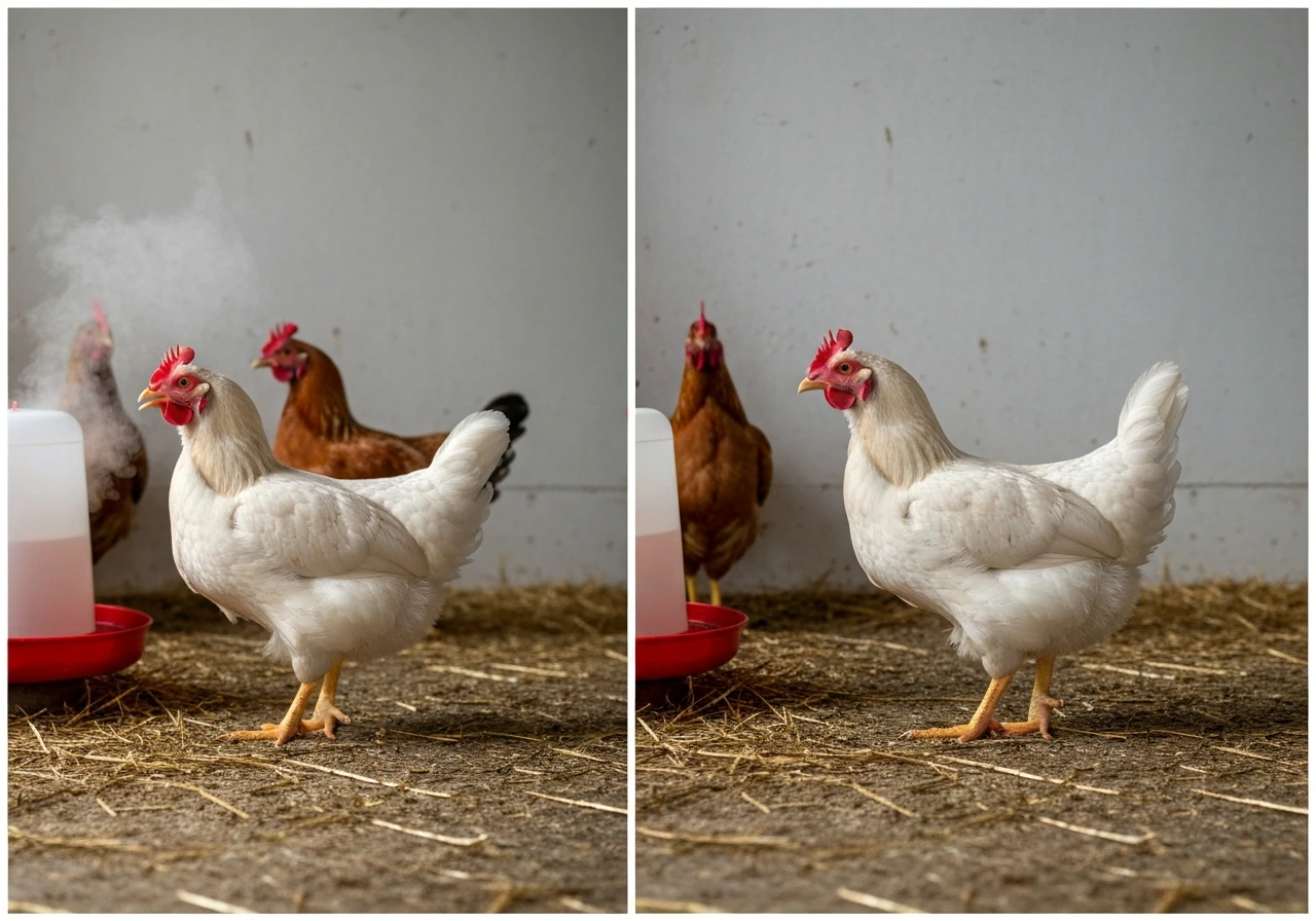 Two adjacent farm-enclosure photos: one chicken with respiratory distress and one with neurologic-leaning posture.