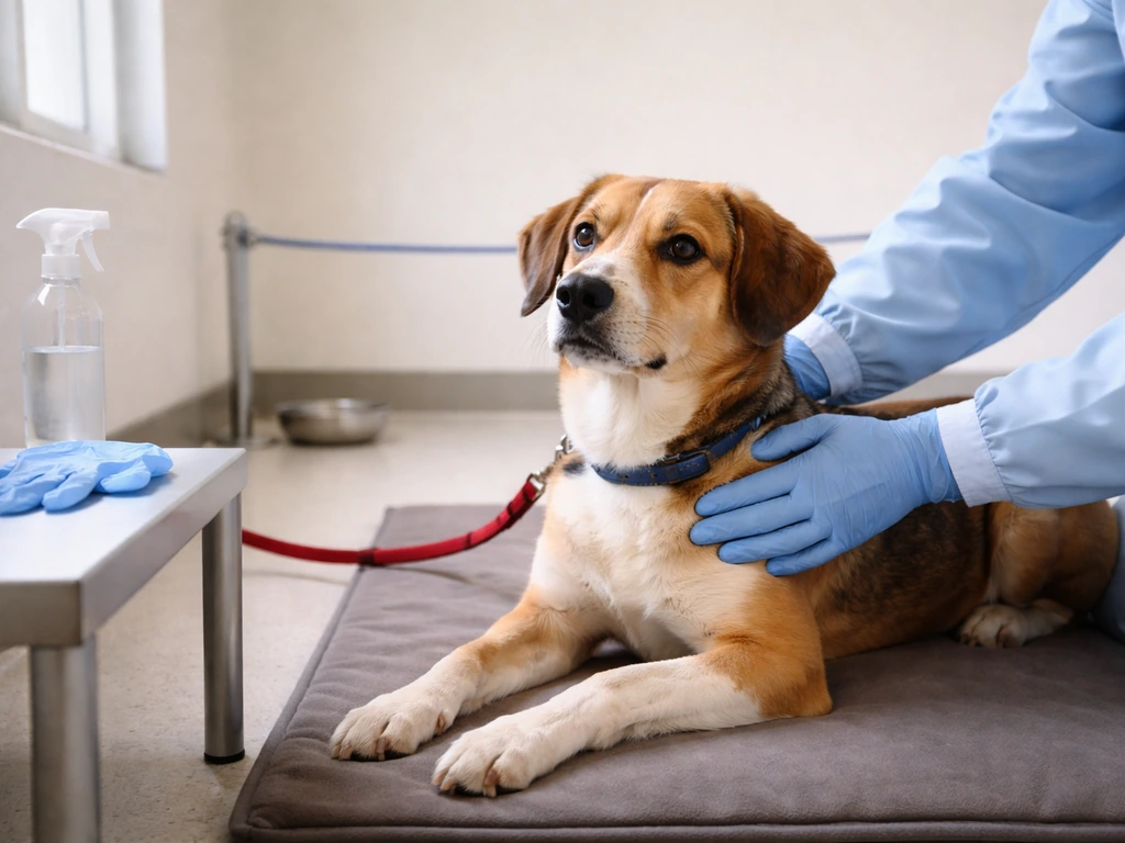 Vet in gloves gently caring for a leashed dog in a clean isolation area with disinfectant vibe
