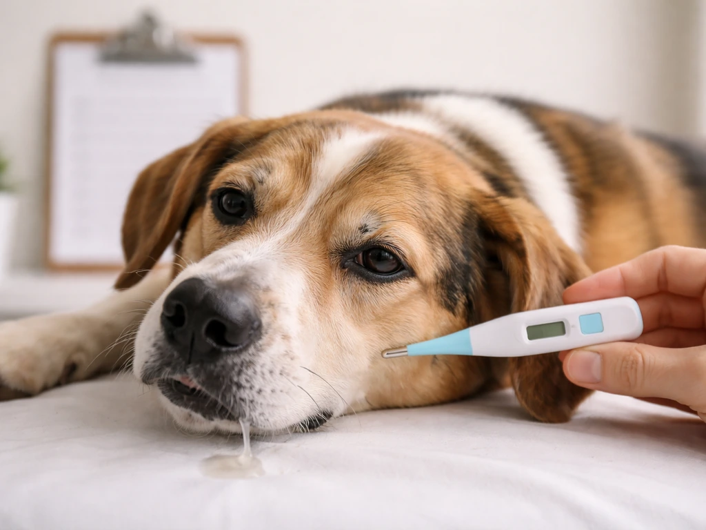 Close-up of a sick dog on an exam table with nasal discharge and a veterinarian thermometer nearby.