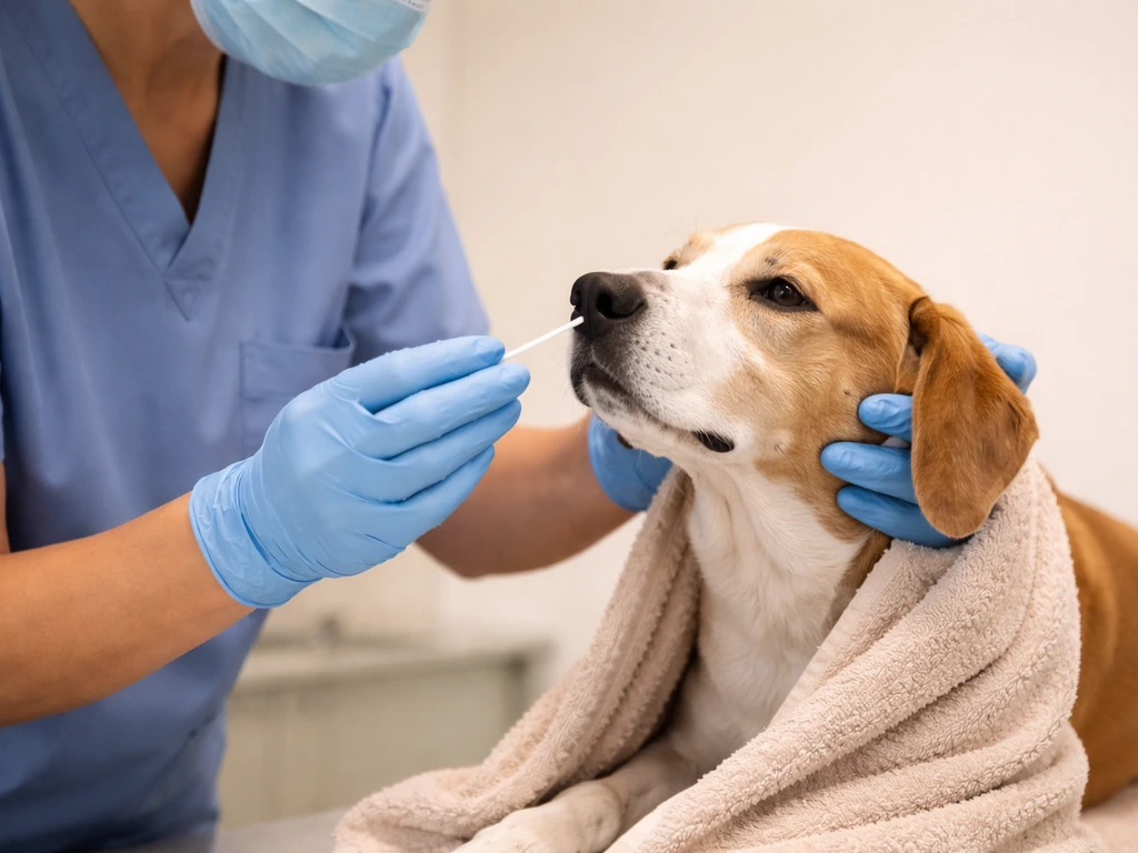 Vet wearing gloves collects a nasal/oral swab from a restrained dog on an exam table in a clinic room.