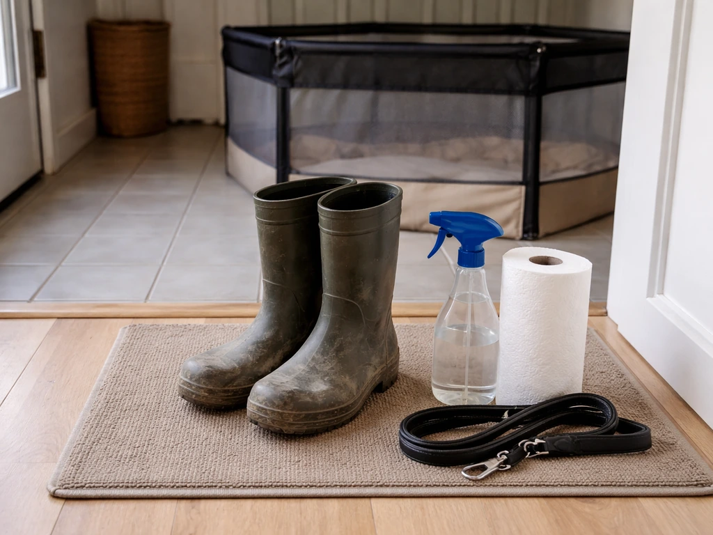 Rubber boots, leash, and disinfecting supplies next to a closed separate pet area in a home entryway.