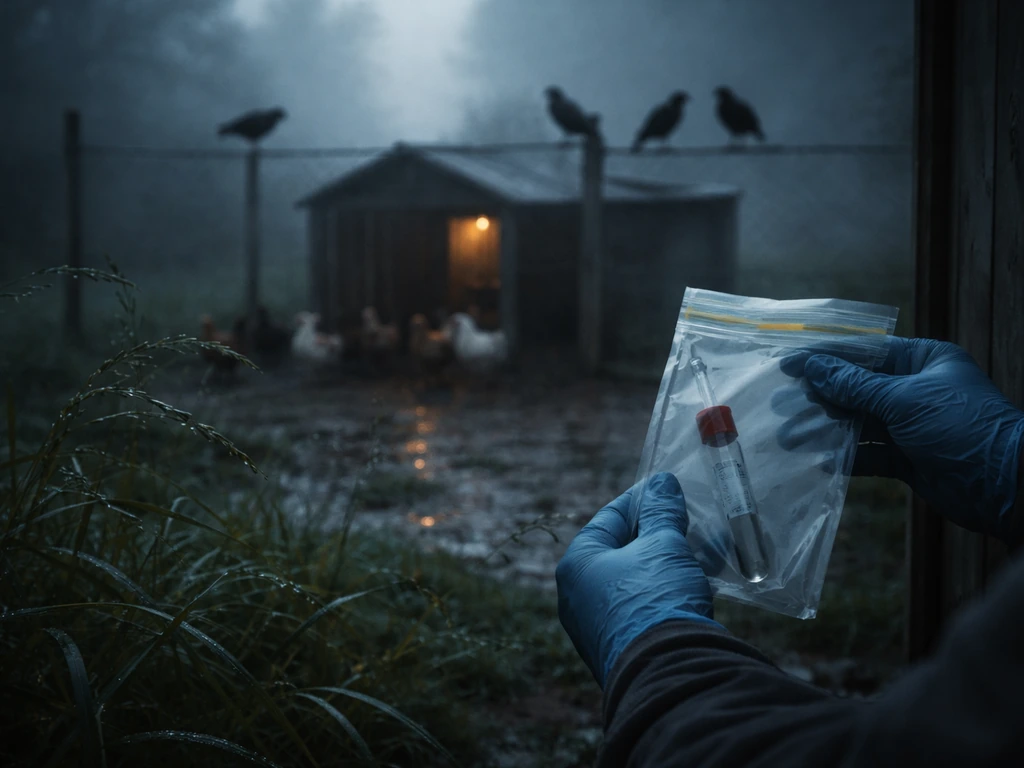 Moody dusk poultry yard with wild birds and chickens near a sealed specimen bag implying bird flu exposure risk.