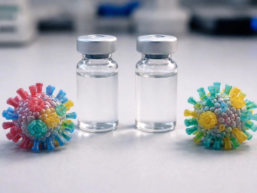 Close-up of two simple lab vials with stylized surface-protein models representing different influenza strains.