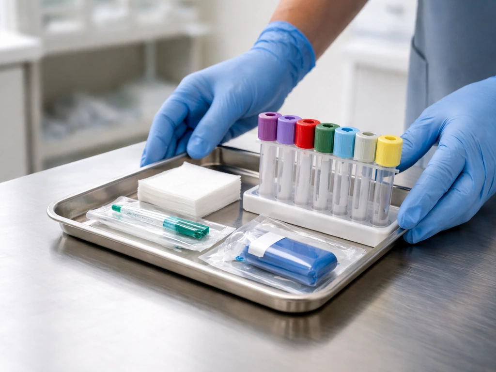 Close-up of gloved hands preparing a sterile phlebotomy tray with tubes and gauze in a clinical room.