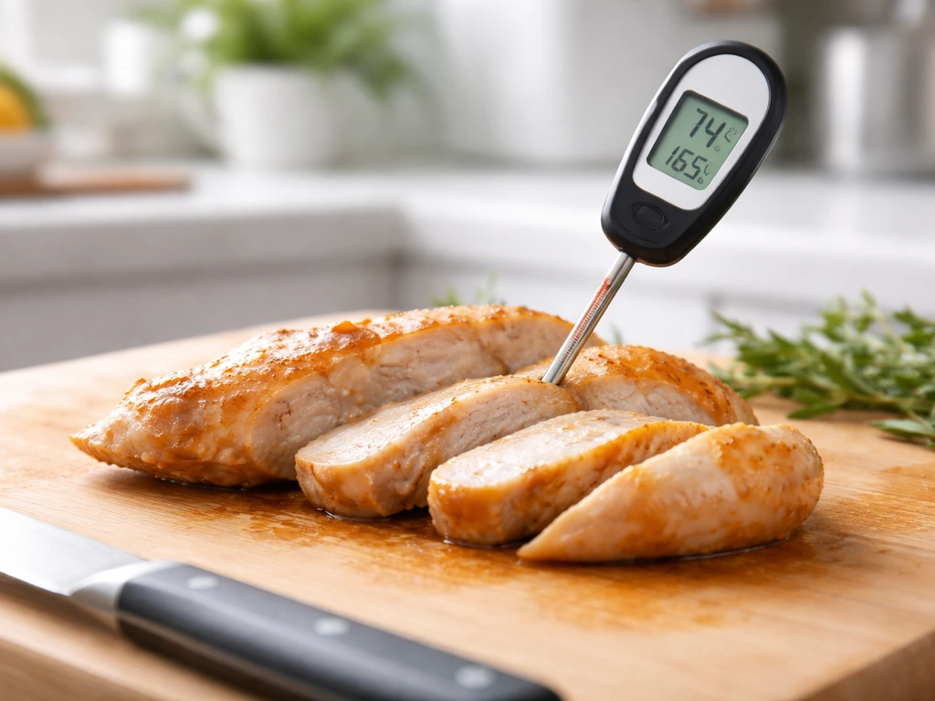 Properly cooked poultry on a cutting board with a thermometer showing 74°C / 165°F