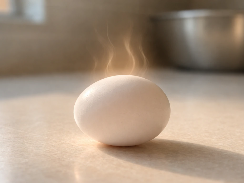 An egg on a kitchen counter with warm heat waves hovering above it, symbolizing viruses being killed by cooking.