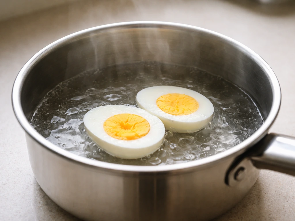 Hard-boiled egg in a saucepan with an inset cross-section showing a firm yolk and heat level.