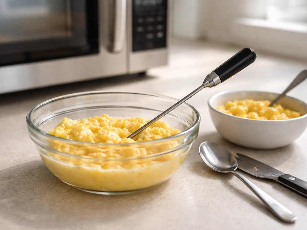 Microwaved eggs in a microwave-safe glass bowl with a thermometer hovering near the bowl