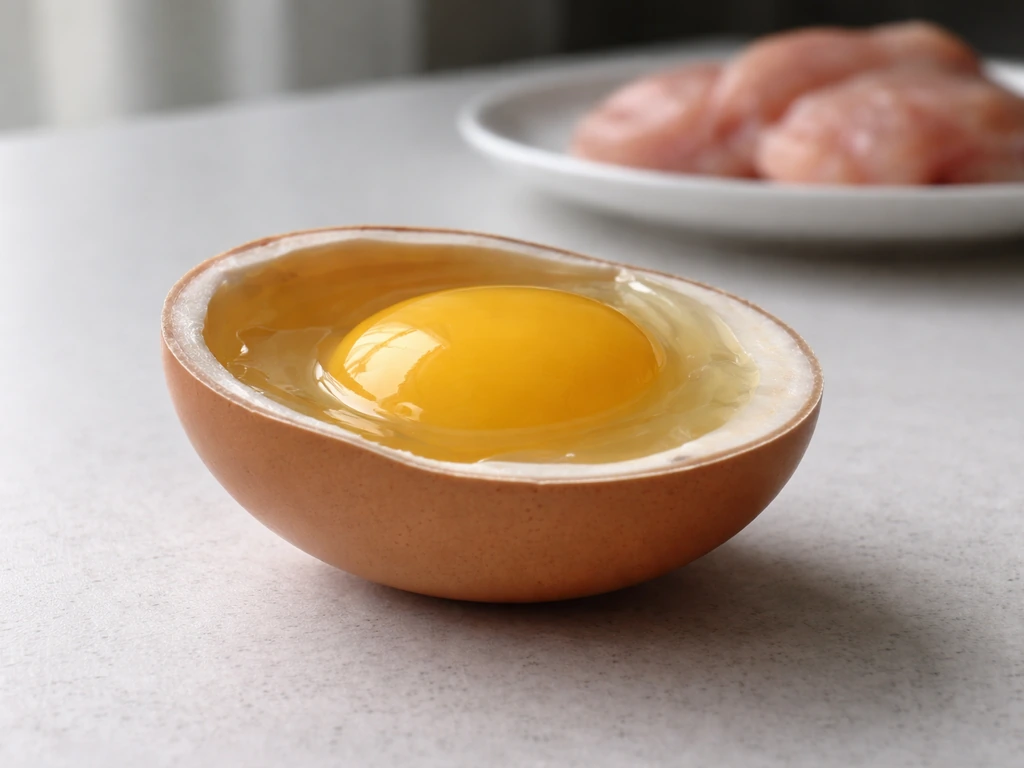 Cutaway egg showing internal tissues next to a small piece of raw chicken on a simple tabletop.