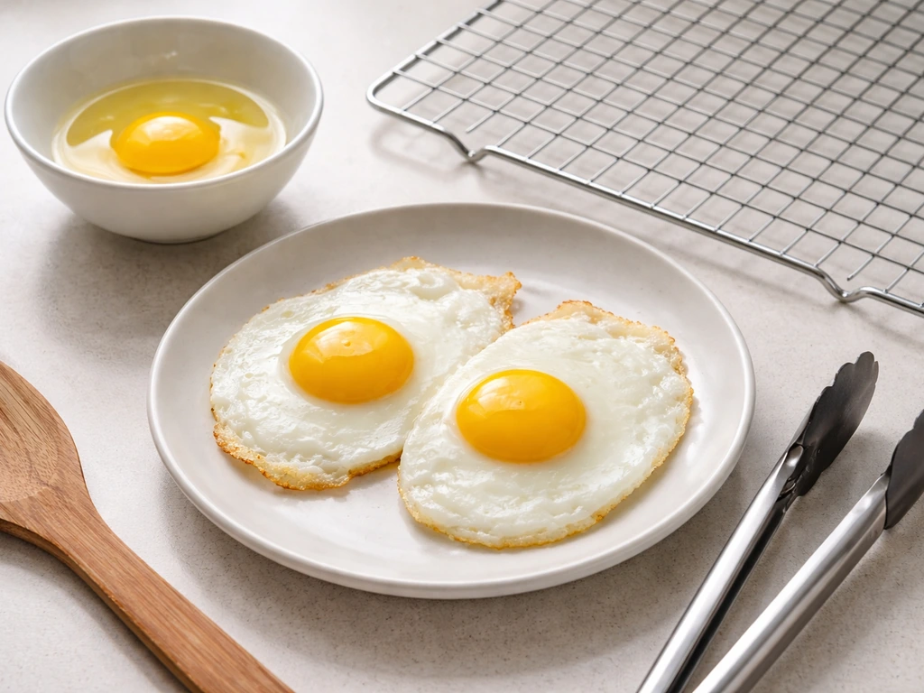 Fully cooked eggs on a clean plate with utensils nearby on a bright kitchen counter.