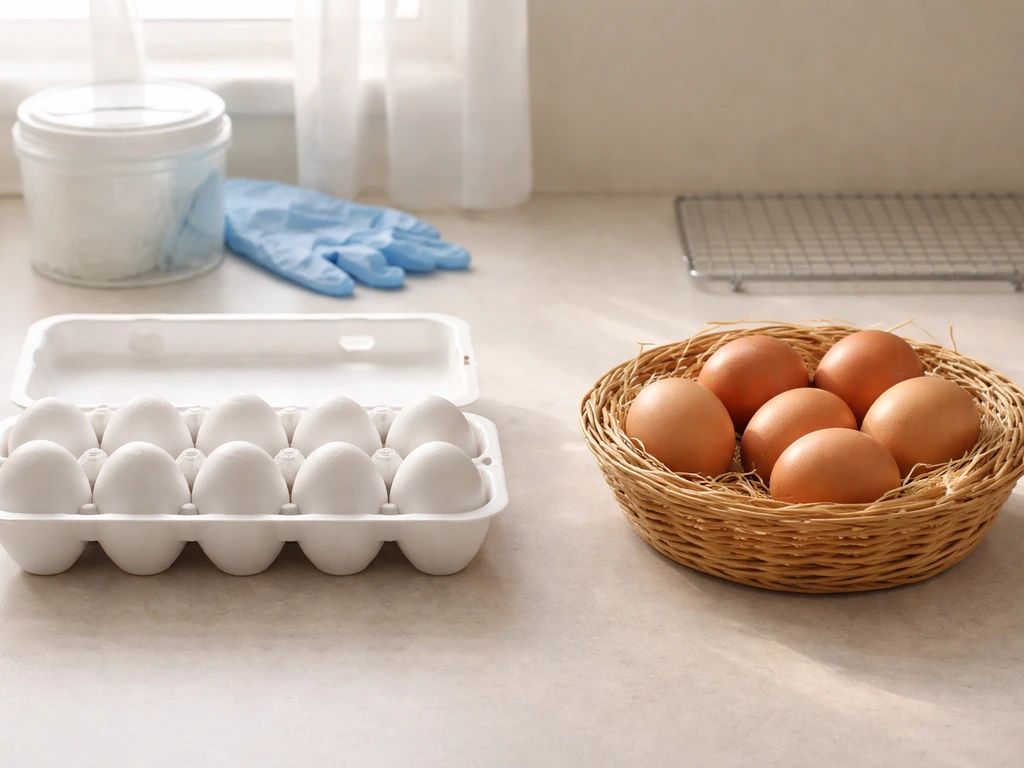 Two egg cartons on a clean kitchen counter, one beside a small farm-style egg basket, hinting to different sources.