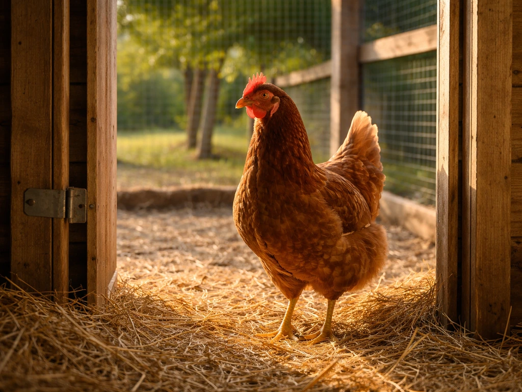 Healthy backyard chicken standing by the open coop entrance in a simple straw-filled enclosure.