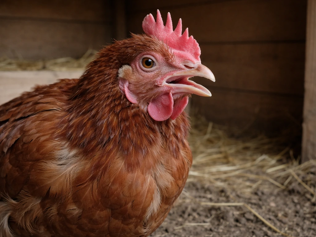 Close-up of a backyard chicken with visibly open-mouth, labored breathing in a simple coop setting.