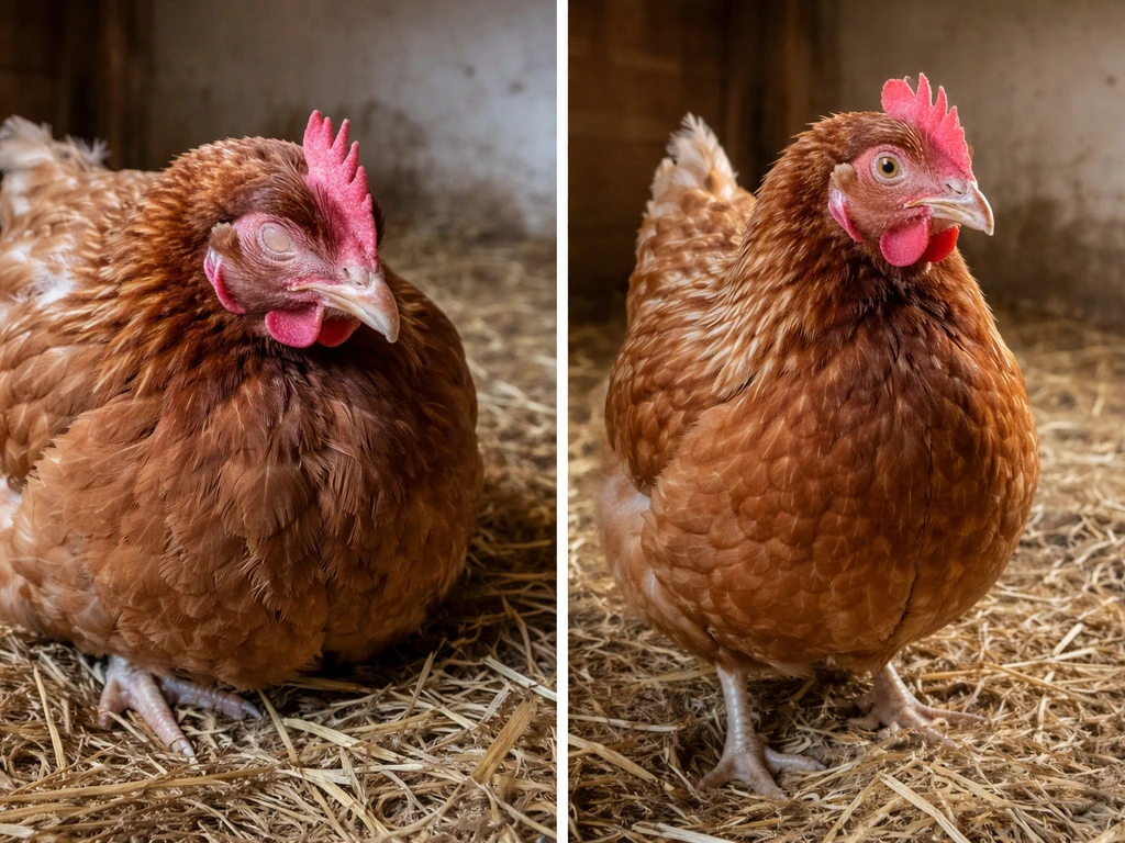 Split view of two chickens—one subdued with bird-flu-like signs, one with a mild respiratory illness.