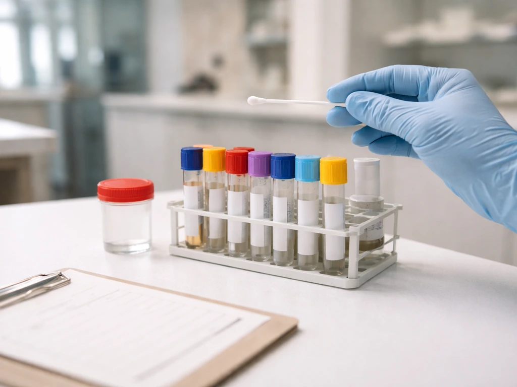 Gloved hand holding a sterile swab over specimen tubes in a veterinary diagnostic lab bench.