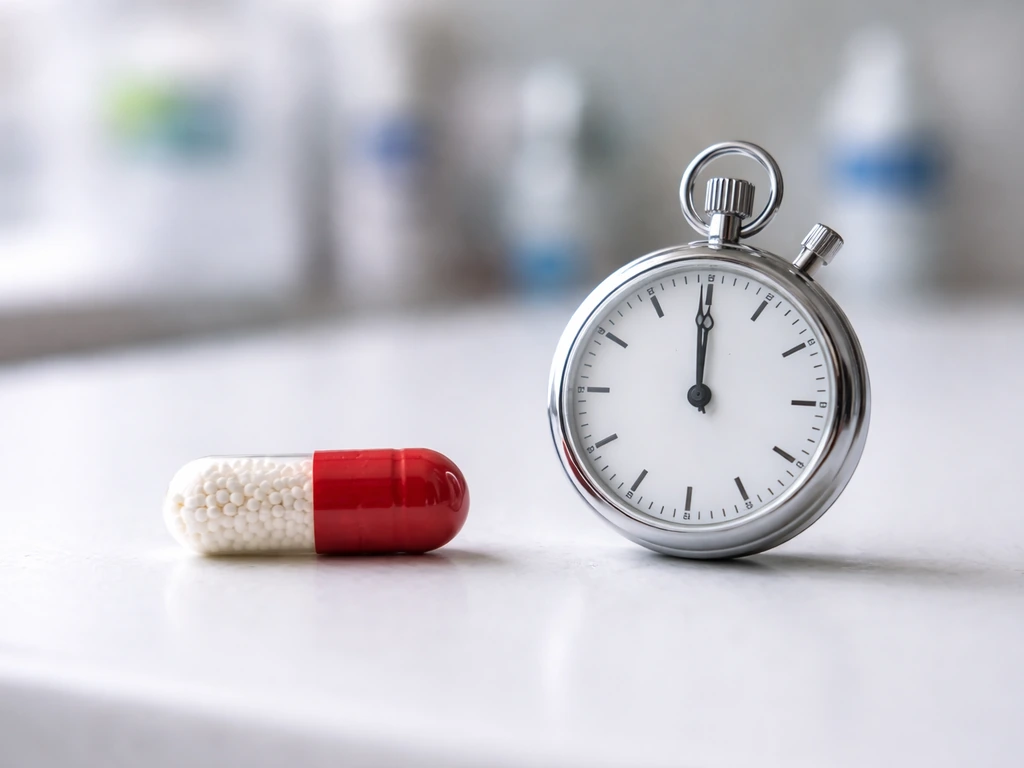 Close-up of a generic antiviral capsule in a pharmacy-style setting beside a simple stopwatch