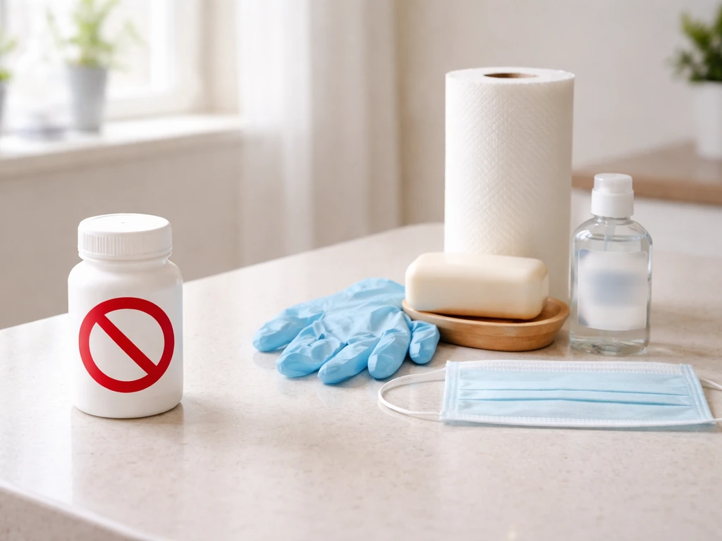 Kitchen counter with safe hygiene supplies on one side and a sealed medication bottle marked off to indicate “do not.”