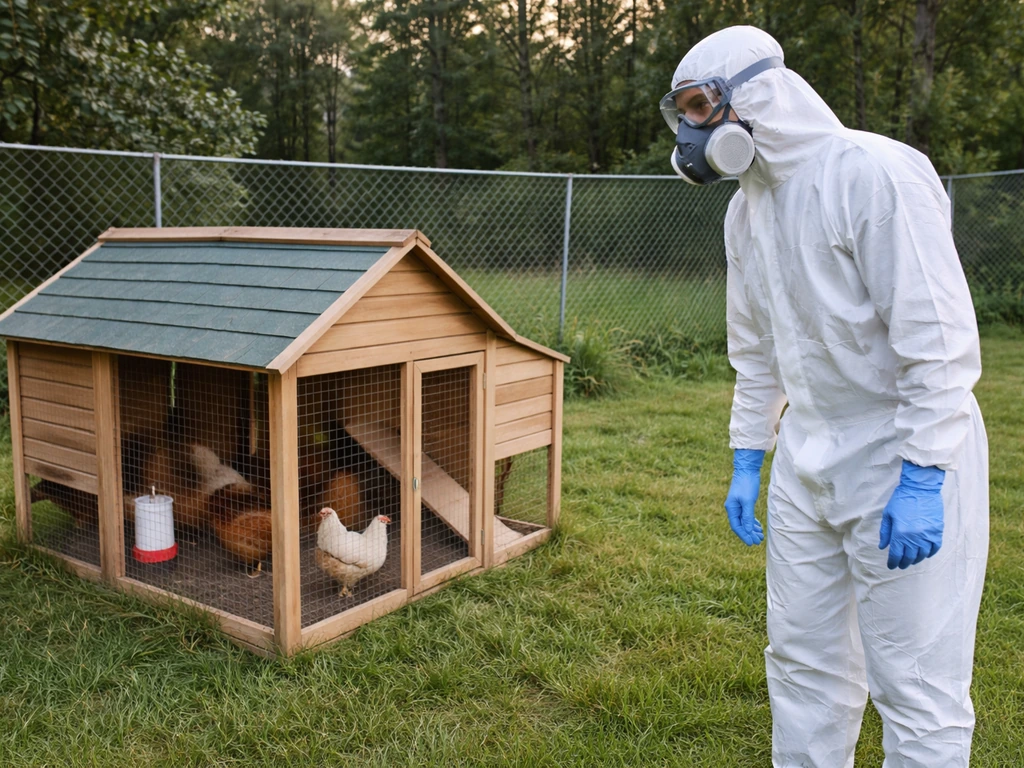 Person in full PPE observing a backyard chicken coop from a safe distance, no bare-hand contact.