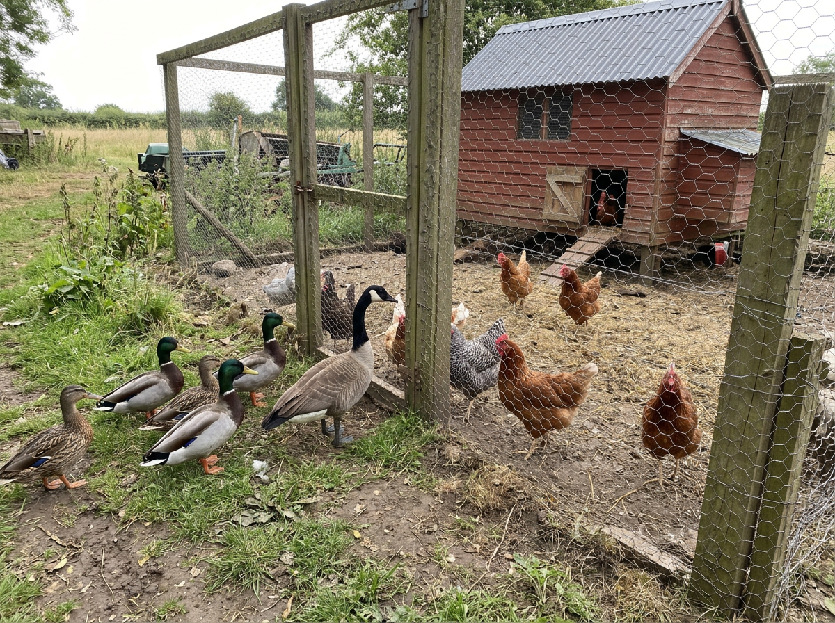 Free-ranging ducks near poultry housing, illustrating baseline reservoir risk