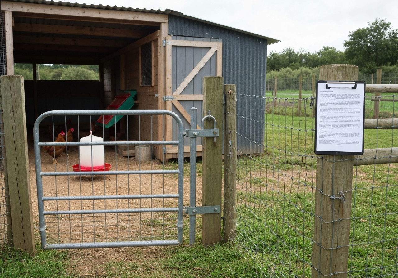 Chicken pen with people-worn PPE and double-door barrier showing strain susceptibility context