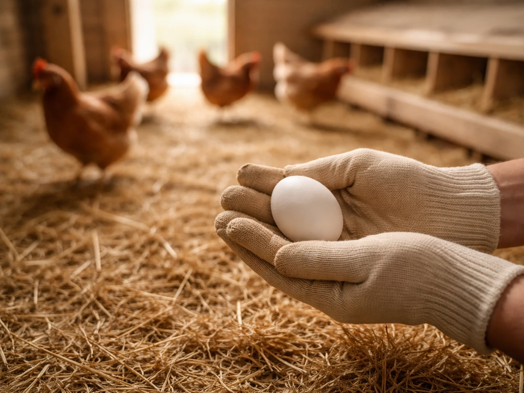 Farmer’s hand holding a freshly laid egg in a quiet poultry house with soft bedding and natural light.
