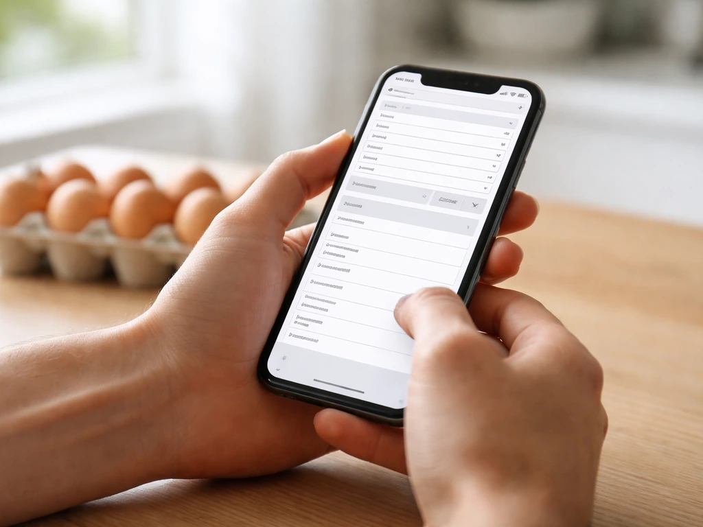 Anonymous hands using a smartphone to filter a recall database page, with unbranded eggs nearby.