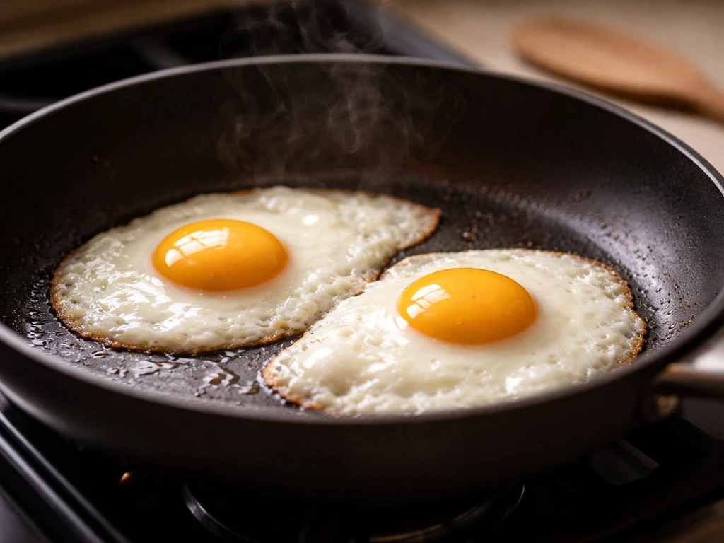 Close-up of eggs cooking in a skillet until yolks and whites look firm and set
