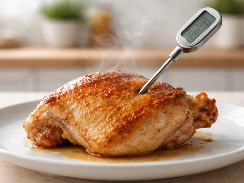 Cooked chicken dish with a thermometer checking internal temperature in a clean kitchen