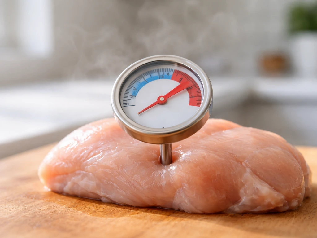 Cooking thermometer clipped to chicken meat with dial set to an inactivating internal temperature range.