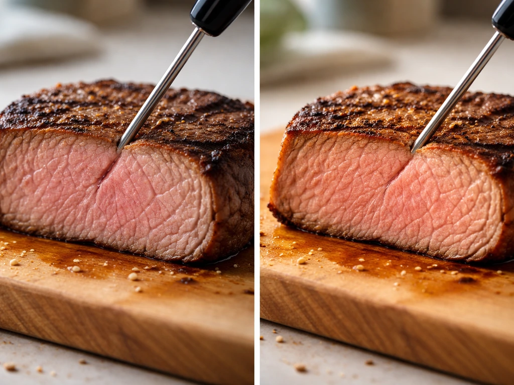 Split view of a thick meat cut showing an uneven cold center vs evenly cooked hot interior