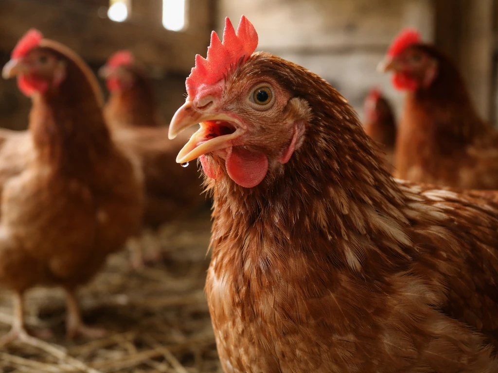 Close-up of chickens in a coop with one showing visible respiratory distress and open-mouth breathing.