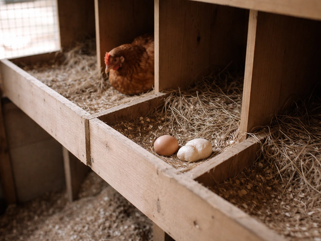 Hens in a simple nesting box with a few abnormal eggs and an empty nest, suggesting stress