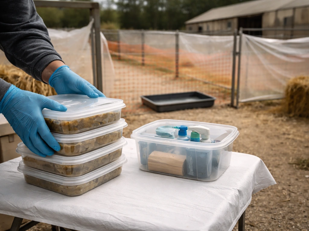 Poultry farm entrance with sealed containers for eggs/equipment and a clearly isolated quarantine area behind barriers