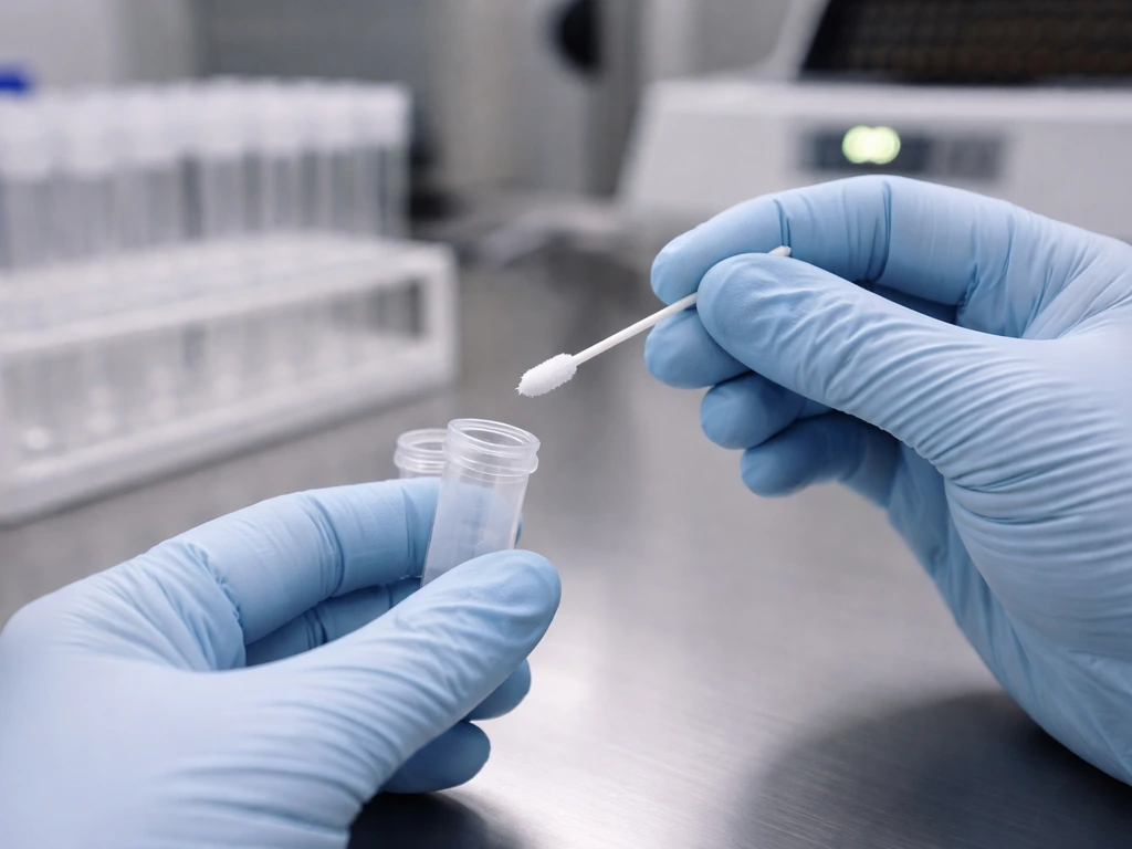 Gloved hands handling a nasal swab and a lab tube with a simple RT-PCR workflow background blur.