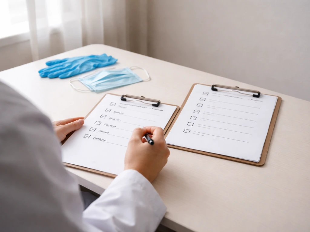 Clinician in a quiet clinic room reviewing symptoms and an exposure checklist on a clipboard.