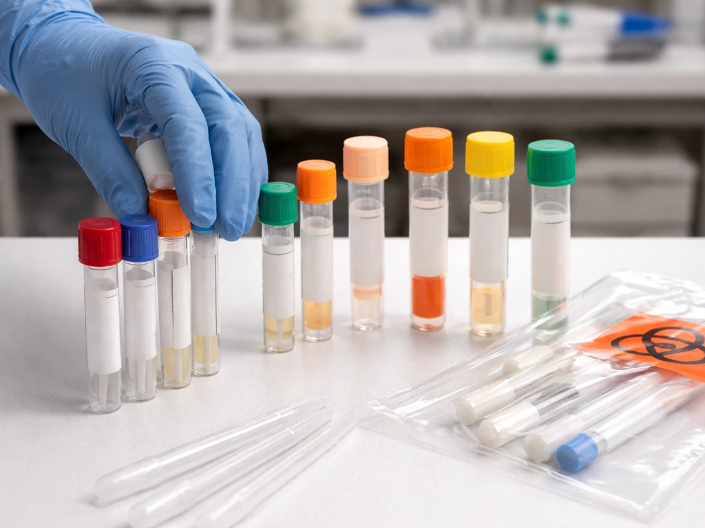Minimal lab bench with swab tubes and transport containers arranged for respiratory RT-PCR testing specimens.