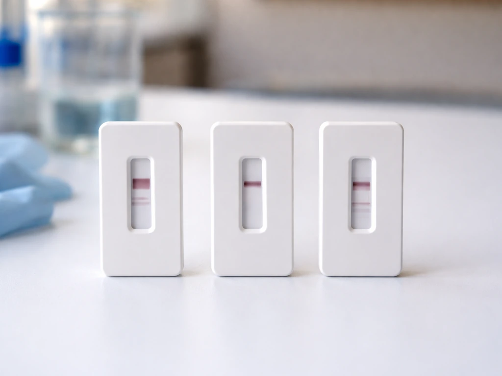 Lab bench with three unbranded RT-PCR strip cards showing distinct positive, negative, and inconclusive band patterns.