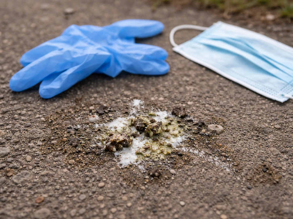 Close-up of bird droppings on outdoor ground with nearby disposable gloves and mask, implying contamination risk.