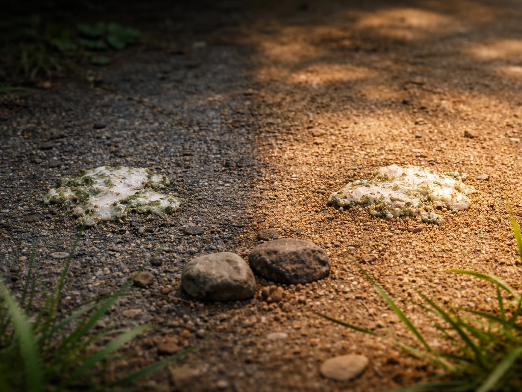 Two small bird-poop patches on ground, one in shade and one in warm sunlight, shown in a minimal split view.
