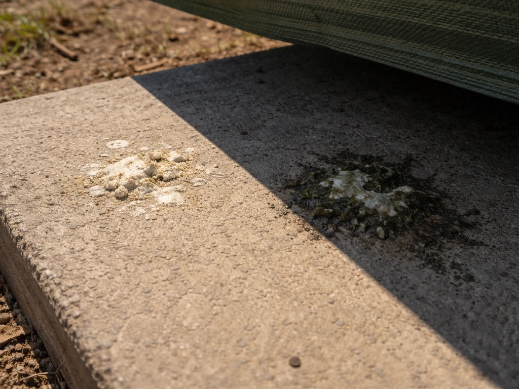 Concrete slab showing sun-dried droppings next to shaded, still-damp droppings.