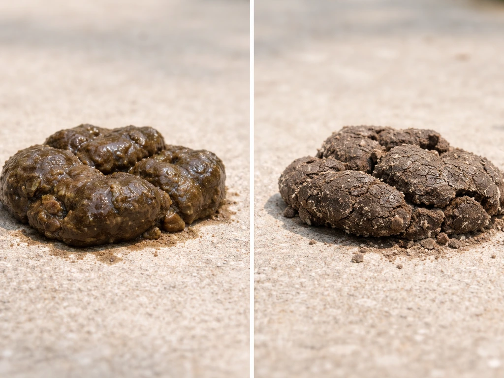Side-by-side close-up of wet fresh droppings and dry crusted droppings on a clean surface.