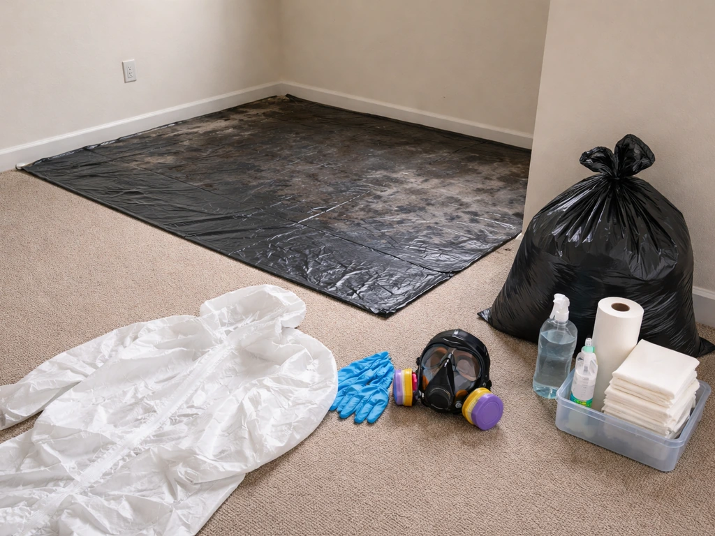 Anonymous PPE and cleanup tools arranged beside a covered contaminated floor area, ready for careful cleanup.